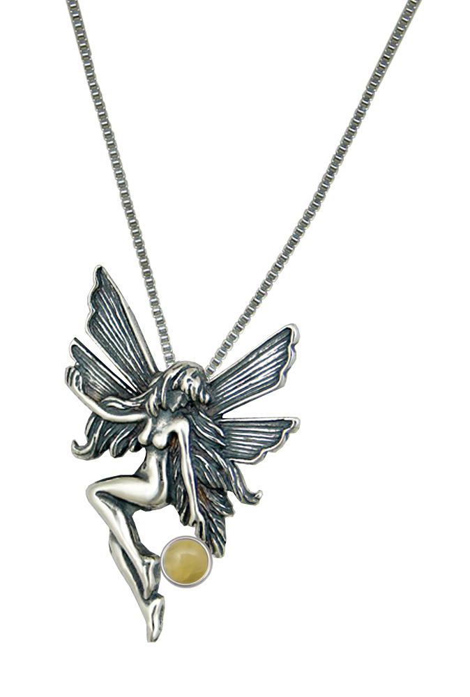 Sterling Silver Fairy Pendant Necklace With Yellow Aragonite